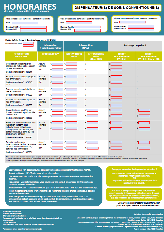 Affiche INAMI tarifs dentistes conventionnés